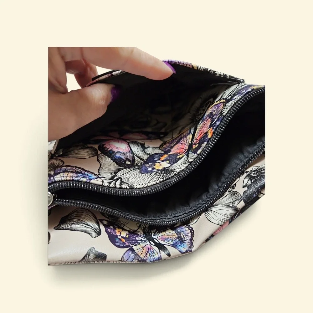 KOLTOV Floral Butterfly Crossbody Bag Vegan Leather Slim Messenger Purse Black